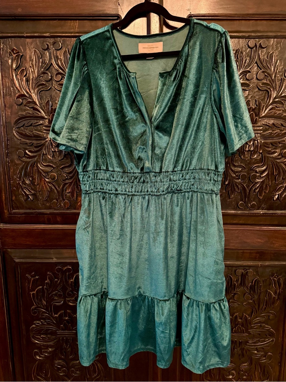 French Connection Forest Green Velvet Short Sleeve Tiered Mini Dress